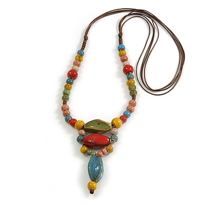 V Shape Multicoloured Ceramic Beaded Necklace with Brown Silk Cords - 66-76cm/ Adjustable