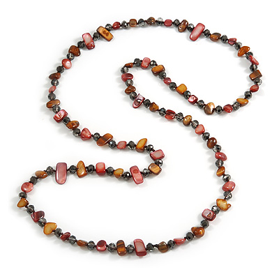 Long Brown/ Plum Shell Nugget and Grey Glass Crystal Bead Necklace - 114cm Long - main view