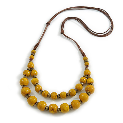 Dusty Yellow Ceramic Layered Brown Silk Cord Necklace - 60-70cm L/ Adjustable - main view