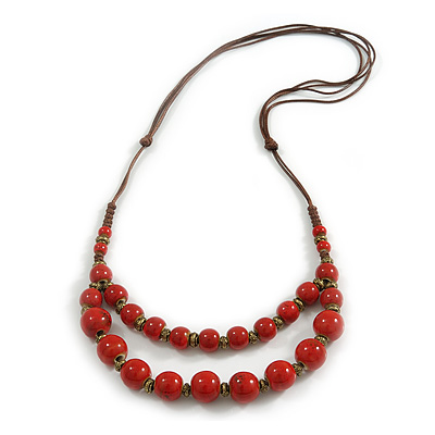 Red Ceramic Layered Brown Silk Cord Necklace - 60-70cm L/ Adjustable
