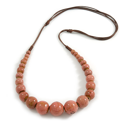 Dusty Pink Ceramic Bead Brown Silk Cords Necklace - Adjustable - 60cm to 70cm Long - main view