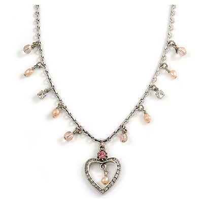 Vintage Inspired Crystal Open Heart Pendant With Pewter Tone Beaded Chain - 38cm L/ 6cm Ext - main view