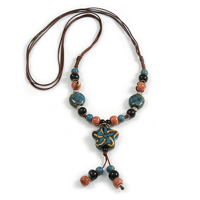 Blue/ Pink Oval/ Round Ceramic Bead Flower Tassel Necklace with Brown Silk Cord/ 70-80cmL/ Adjustable - main view