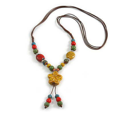 Multicoloured Oval/ Round Ceramic Bead Flower Tassel Necklace with Brown Silk Cord/ 70-80cmL/ Adjustable - main view