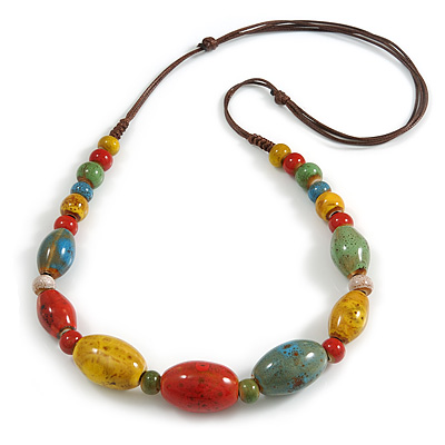 Multicoloured Round/ Oval Ceramic Bead Brown Silk Cords Necklace 60-70cm L/ Adjustable - main view