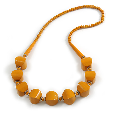 Mustard Yellow Painted Wooden Bead Long Necklace - 80cm Long
