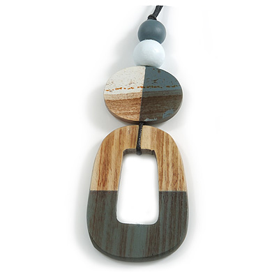 O-Shape White/ Grey Washed Wood Pendant with Black Cotton Cord - 88cm L/ 13cm Pendant - main view