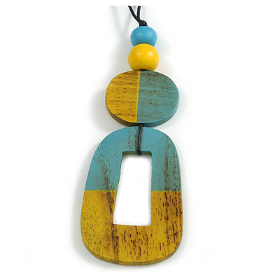 O-Shape Yellow/ Teal Washed Wood Pendant with Black Cotton Cord - 88cm L/ 13cm Pendant - main view