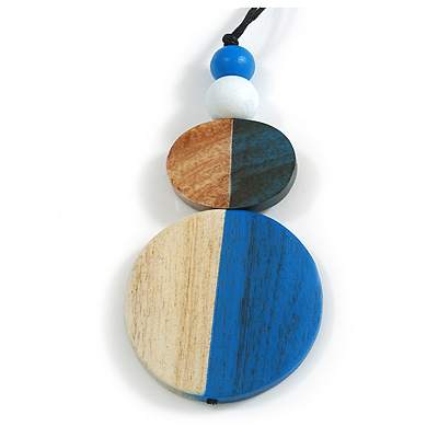Double Bead Antique White/ Blue Washed Wood Pendant with Black Cotton Cord - 80cm Max/ 12cm Pendant