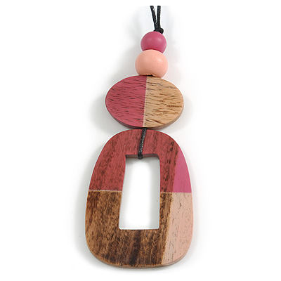 O-Shape Pink Washed Wood Pendant with Black Cotton Cord - 88cm L/ 13cm Pendant - main view