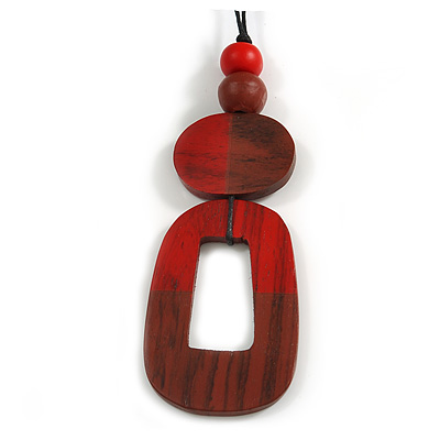 O-Shape Red/ Brown Painted Wood Pendant with Black Cotton Cord - 88cm L/ 13cm Pendant - main view