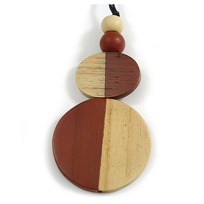 Double Bead Brown/ Sandy Washed Wood Pendant with Black Cotton Cord - 80cm Max/ 12cm Pendant - main view
