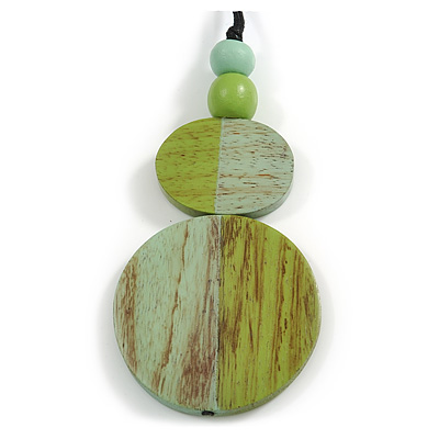 Double Bead Mint/ Lime Green Washed Wood Pendant with Black Cotton Cord - 80cm Max/ 12cm Pendant - main view