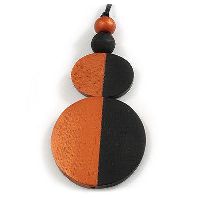 Double Bead Black/ Bronze Painted Wood Pendant with Black Cotton Cord - 80cm Max/ 12cm Pendant - main view