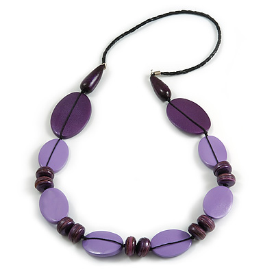 Long Lilac/ Purple Wood Bead with Black Faux Leather Cord Necklace - 88cm L - main view