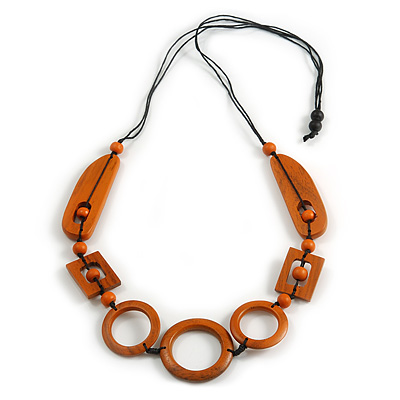 Long Geometric Rusty Orange Painted Wood Bead Black Cord Necklace - 100cm Max/ Adjustable - main view