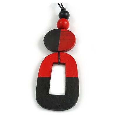 O-Shape Black/ Red Painted Wood Pendant with Black Cotton Cord - 88cm L/ 13cm Pendant - main view
