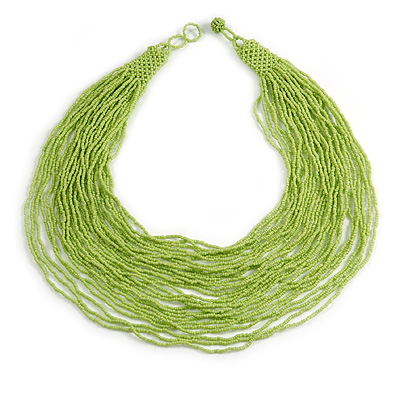 Chunky Bright Lime Green Glass Bead Bib Multistrand Layered Necklace - 76cm L