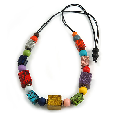 Chunky Multicoloured with Animal Print Cube and Ball Wood Bead Cord Necklace - 90cm Max
