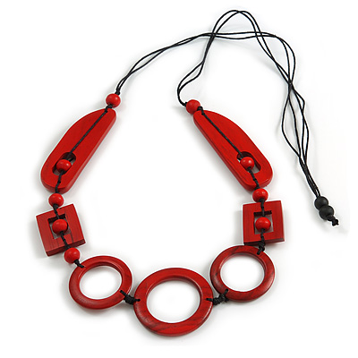 Long Geometric Red Painted Wood Bead Black Cord Necklace - 100cm Max/ Adjustable - main view