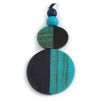Double Bead Blue/ Turquoise Washed Wood Pendant with Black Cotton Cord - 80cm Max/ 12cm Pendant - main view
