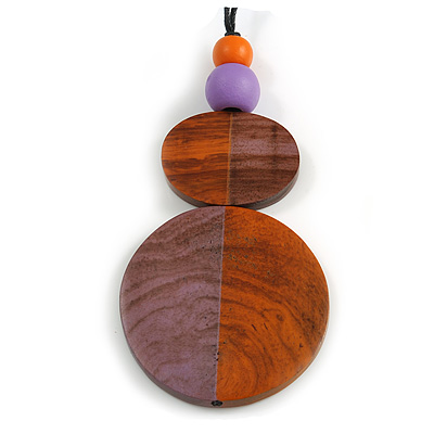 Double Bead Antique Orange/ Lilac Purple Washed Wood Pendant with Black Cotton Cord - 80cm Max/ 12cm Pendant - main view