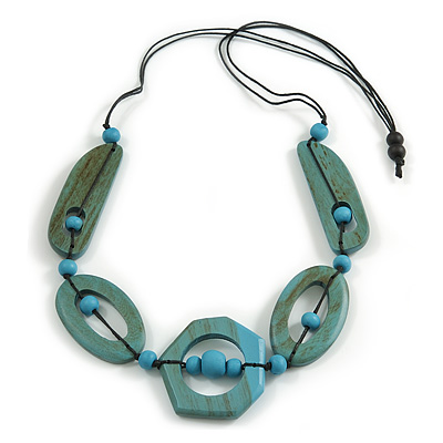 Long Geometric Turquoise Washed Wood Bead Black Cord Necklace - 90cm Max/ Adjustable - main view