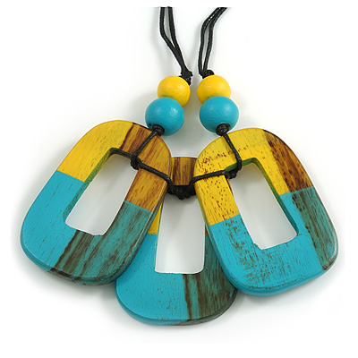 O-Shape Yellow/ Turquoise Painted Wood Pendant with Black Cotton Cord - 90cm L/ 8cm Pendant - main view
