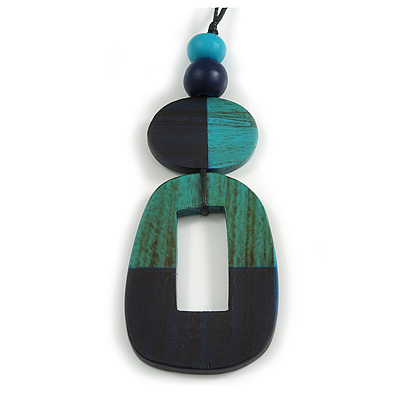 O-Shape Blue/ Turquoise Painted Wood Pendant with Black Cotton Cord - 88cm L/ 13cm Pendant - main view