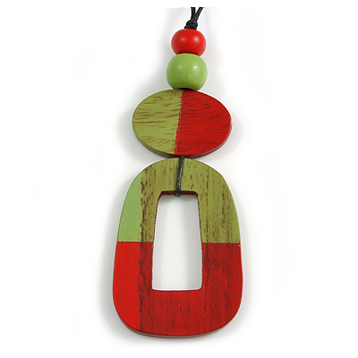 O-Shape Lime Green/ Red Painted Wood Pendant with Black Cotton Cord - 88cm L/ 13cm Pendant - main view