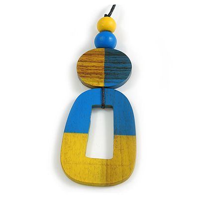 O-Shape Yellow/ Blue Washed Wood Pendant with Black Cotton Cord - 88cm L/ 13cm Pendant - main view