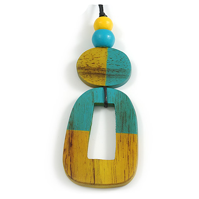 O-Shape Yellow/ Turquoise Washed Wood Pendant with Black Cotton Cord - 88cm L/ 13cm Pendant - main view