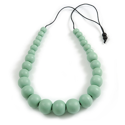 Chunky Pastel Mint Graduated Wood Bead Black Cord Necklace - 84cm Max/ Adjustable - main view