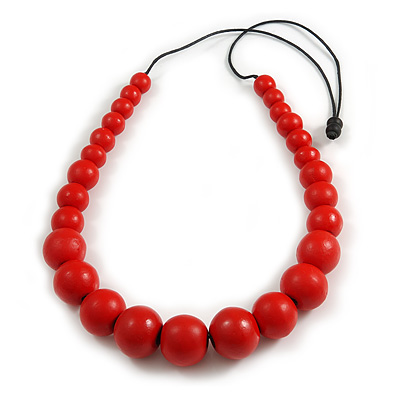 Chunky Red Graduated Wood Bead Black Cord Necklace - 84cm Max/ Adjustable