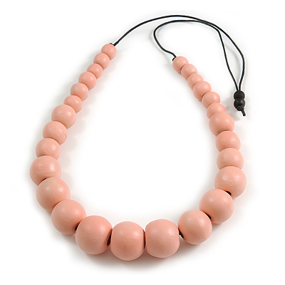 Chunky Pastel Pink Graduated Wood Bead Black Cord Necklace - 84cm Max/ Adjustable - main view
