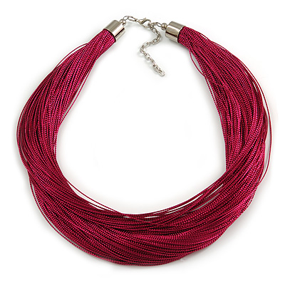Magenta Purple Multistrand Silk Cord Necklace In Silver Tone - 50cm L/ 7cm Ext - main view