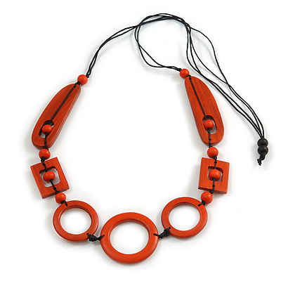 Long Geometric Orange Painted Wood Bead Black Cord Necklace - 100cm Max/ Adjustable - main view