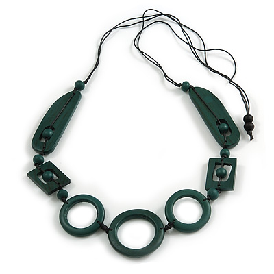 Long Geometric Dark Green Painted Wood Bead Black Cord Necklace - 100cm Max/ Adjustable