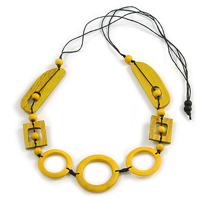 Long Geometric Yellow Painted Wood Bead Black Cord Necklace - 100cm Max/ Adjustable