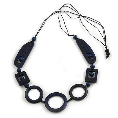 Long Geometric Dark Blue Painted Wood Bead Black Cord Necklace - 100cm Max/ Adjustable - main view