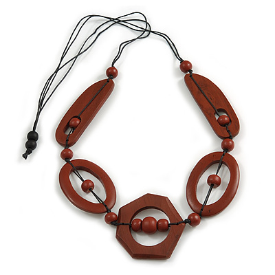Long Geometric Brown Painted Wood Bead Black Cord Necklace - 90cm Max/ Adjustable - main view