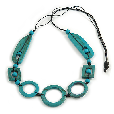 Long Geometric Turquoise Painted Wood Bead Black Cord Necklace - 100cm Max/ Adjustable