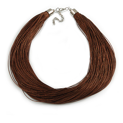 Brown Multistrand Silk Cord Necklace In Silver Tone - 50cm L/ 7cm Ext - main view