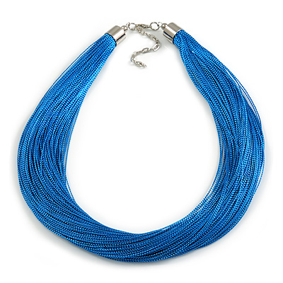 Blue Multistrand Silk Cord Necklace In Silver Tone - 50cm L/ 7cm Ext