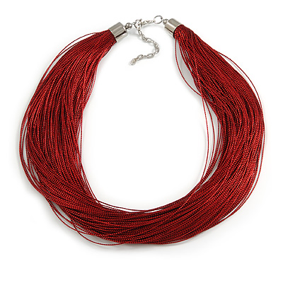 Maroon Multistrand Silk Cord Necklace In Silver Tone - 50cm L/ 7cm Ext - main view