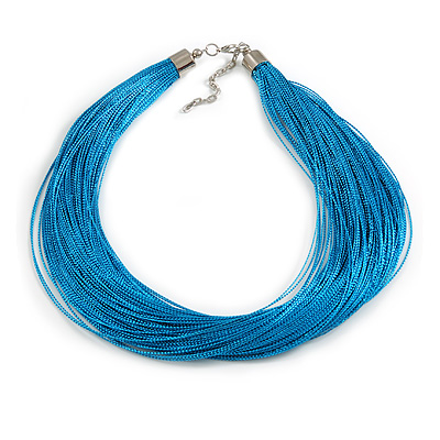 Turquoise Blue Multistrand Silk Cord Necklace In Silver Tone - 50cm L/ 7cm Ext