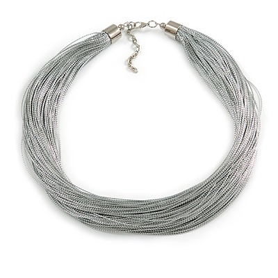 Metallic Silver Multistrand Silk Cord Necklace In Silver Tone - 50cm L/ 7cm Ext - main view