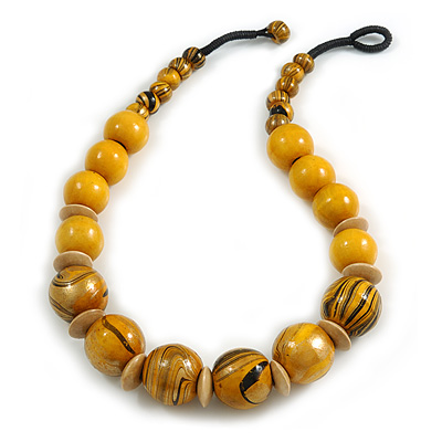 Chunky Colour Fusion Wood Bead Necklace (Yellow, Gold, Black) - 50cm Long