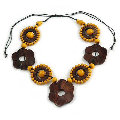 Brown/ Yellow Wood Floral Motif Black Cord Necklace - Adjustable - main view