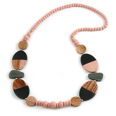 Geometric Painted Wooden Bead Long Necklace in Baby Pink, Black, Grey - 90cm Long - main view